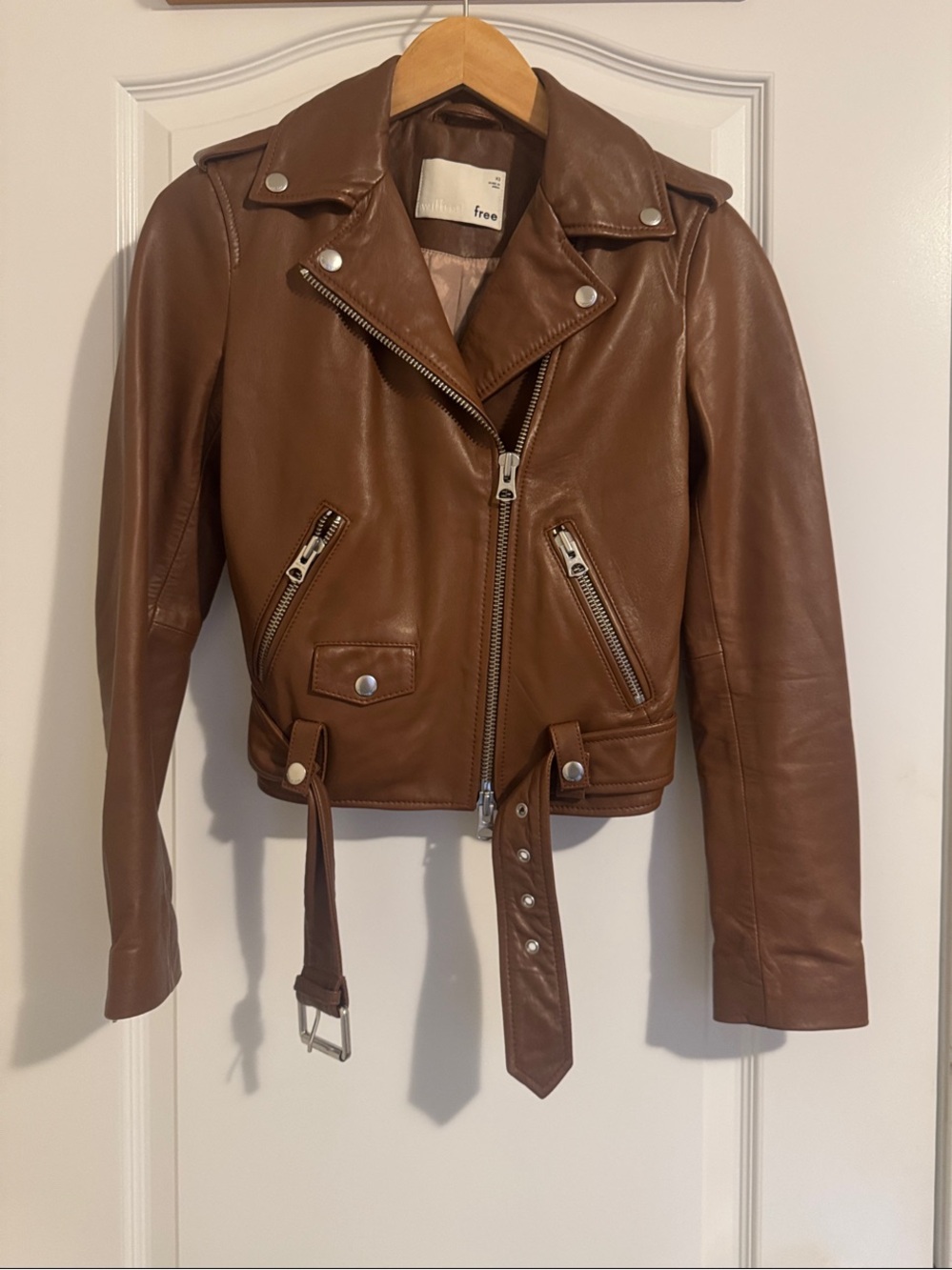 Aritzia Brown Leather Moto Jacket with Belted Hem
